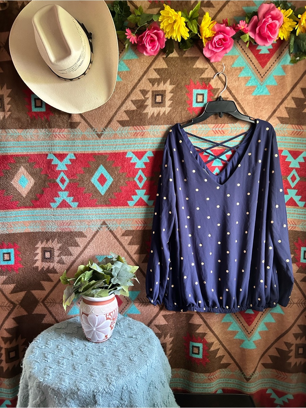 torrid Navy Polka Dot Long Sleeve Blouse with Crisscross Back - Picture 2 of 3